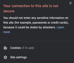 Google Chrome pop-up alerting that a site is not fully secure